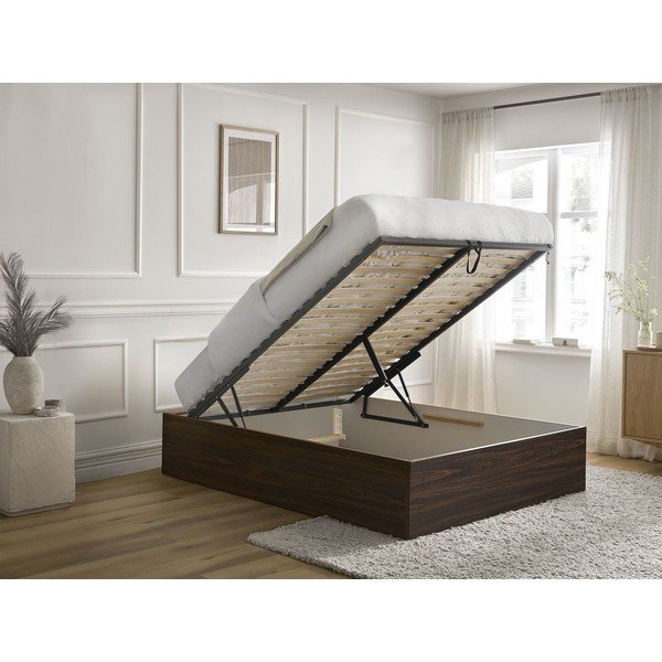 Sötétbarna forgácslemez ágyneműtartós-ágytámla nélkül franciaágy ágyráccsal 140x190 cm nyírfa dekorral Mara – Bobochic Paris-image-3