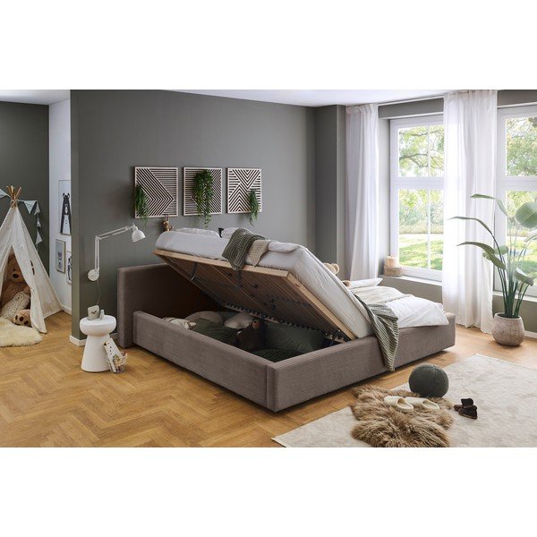 Szürkésbarna kárpitozott ágyneműtartós franciaágy ágyráccsal 200x240 cm Cube – Meise Möbel-image-1