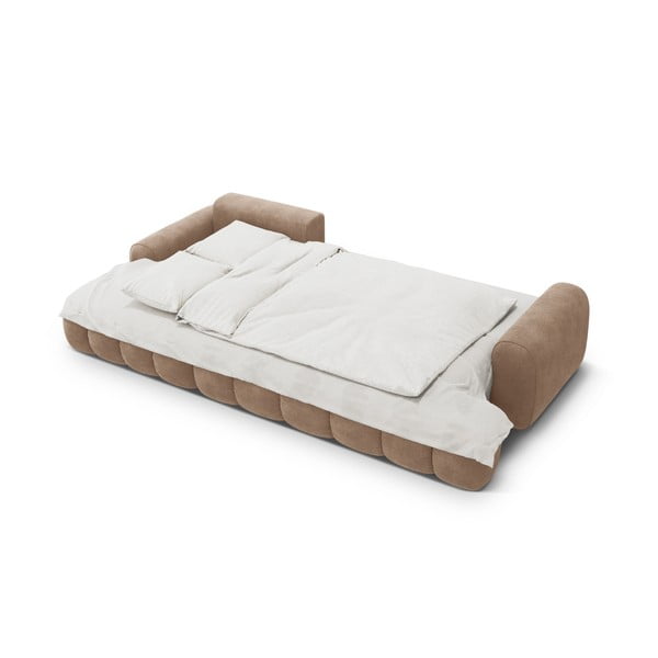 Világosbarna bársony kinyitható-tárolóhelyes sarokkanapé (bal oldali-heverő résszel) Linz – Cosmopolitan Design-image-4