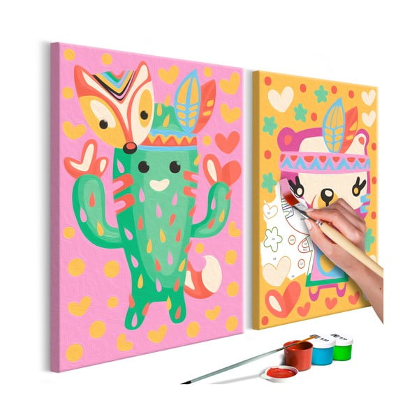 Cactus & Bear DIY készlet, saját kétrészes vászonkép festése, 33 x 23 cm - Artgeist