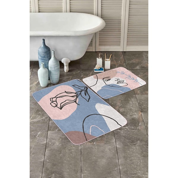 Kék-rózsaszín bársony fürdőszobai kilépő szett 2 db-os 60x100 cm Abstract Faces – Mila Home-image-2