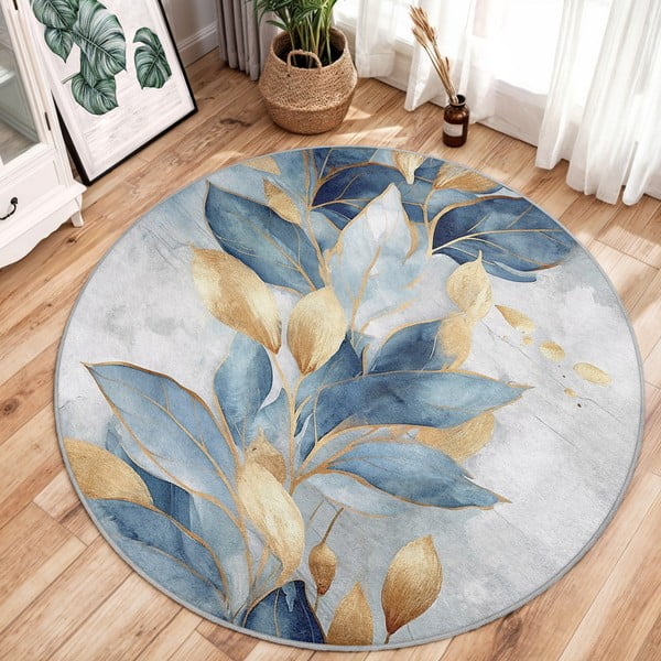 Kék-aranyszínű mosható kerek szőnyeg ø 150 cm Golden Leaves – Mila Home-image-2