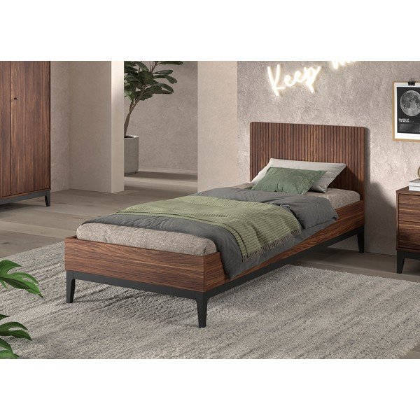 Sötét natúr színű forgácslemez egyszemélyes ágy ágyrács nélkül 90x200 cm diófa dekorral Ilyas – Vipack-image-1