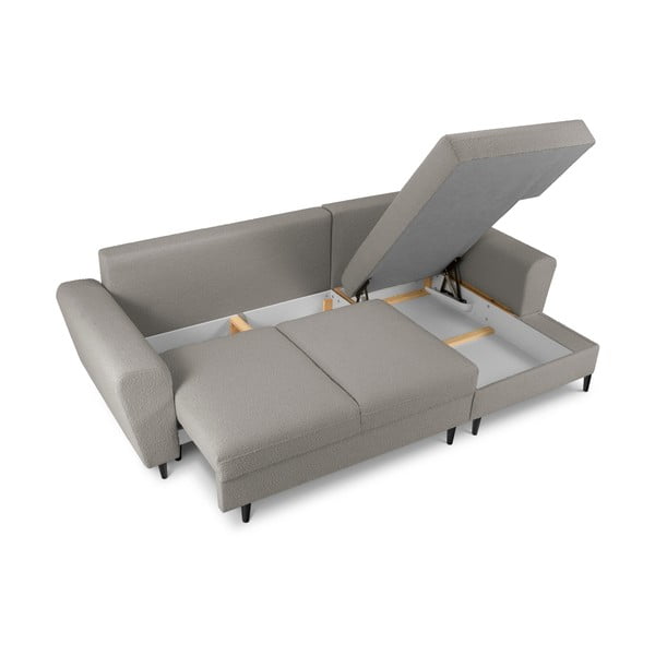 Világosszürke buklé kinyitható tárolóhelyes sarokkanapé (jobb oldali-heverő résszel) Kyoto – Cosmopolitan Design-image-3