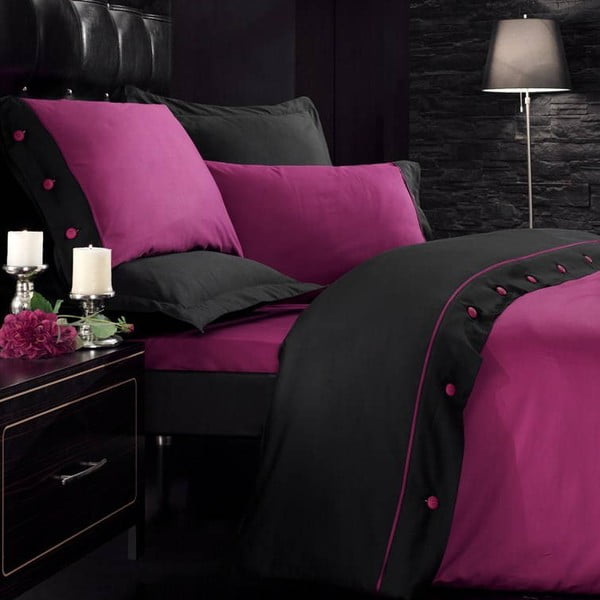 Cover fekete-rózsaszín pamut szatén ágyneműhuzat lepedővel franciaágyhoz, 200 x 220 cm