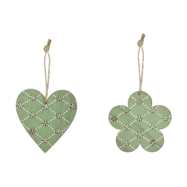 2 darabos zöld, virág és szív motívumos függő dekoráció szett fából, 9,5 x 9,5 cm - Ego Dekor