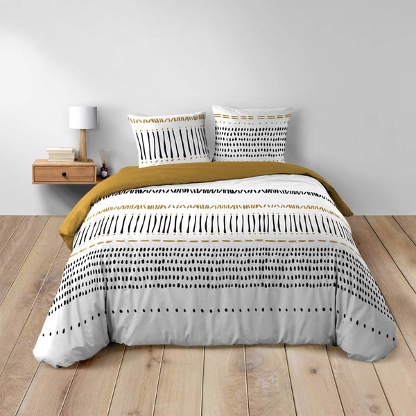 Mustársárga-fehér kétszemélyes-hosszabbított pamut ágyneműhuzat 240x220 cm Chicago – douceur d'intérieur