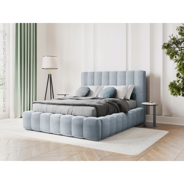 Világoskék kárpitozott franciaágy tárolóhellyel, ágyráccsal 200x200 cm Kelp – Micadoni Home-image-1