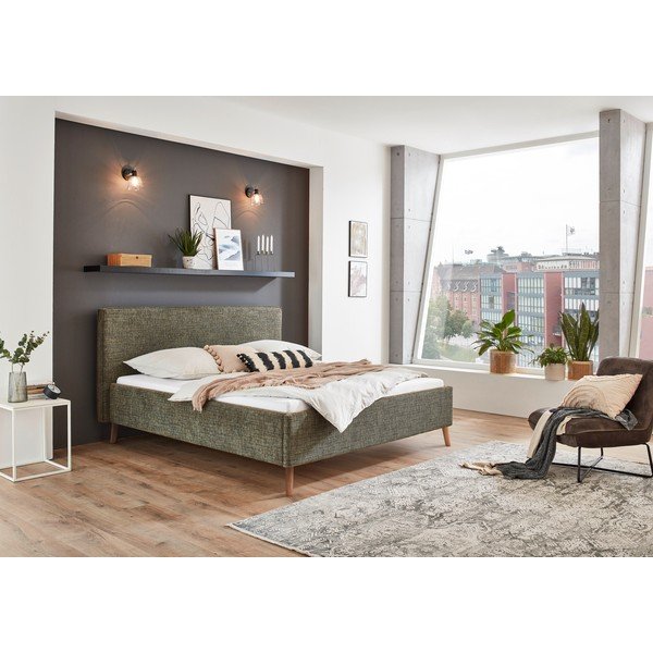 Sötétzöld kárpitozott ágyneműtartós franciaágy ágyráccsal 160x200 cm Riva – Meise Möbel-image-1