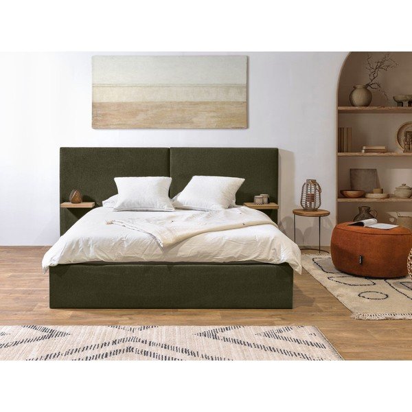 Sötétzöld kárpitozott franciaágy tárolóhellyel, ágyráccsal 160x200 cm Blandine – Bobochic Paris-image-1