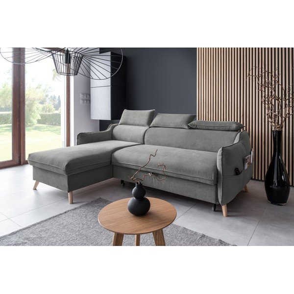 Világosszürke bársony kinyitható sarokkanapé (bal oldali) Sweet Harmony – Miuform-image-3