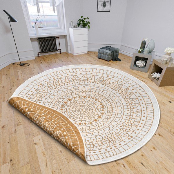Okkersárga-fehér kerek kültéri szőnyeg ø 140 cm Porto – NORTHRUGS-image-1