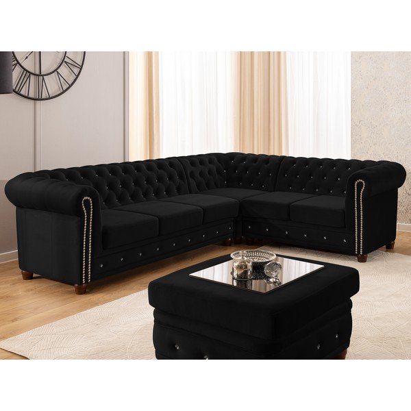 Fekete bársony kinyitható sarokkanapé (jobb oldali-L alakú) York Blik – Ropez-image-1