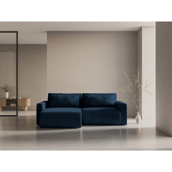 Sötétkék bársony kinyitható tárolóhelyes sarokkanapé Belfast – Cosmopolitan Design-image-1