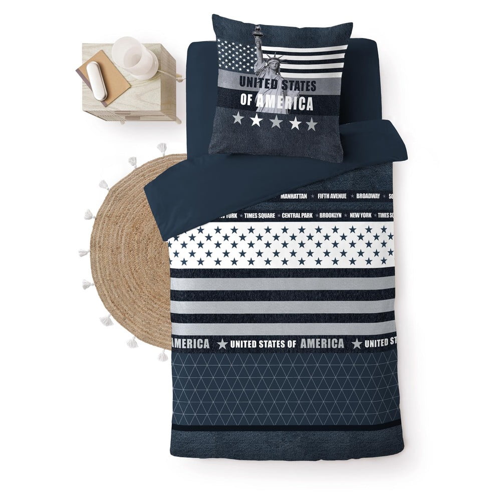 Sötétkék egyszemélyes pamut ágyneműhuzat 140x200 cm States – douceur d'intérieur