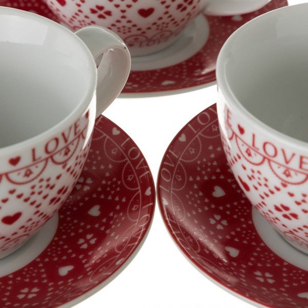 4 db piros-fehér porcelán csésze és alátét szett, fém állványon - Unimasa-image-2