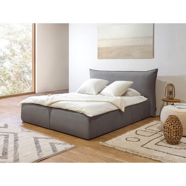 Sötétszürke kárpitozott franciaágy tárolóhellyel ágyráccsal 160x200 cm Jade – Bobochic Paris-image-1