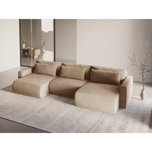 Világosbarna bársony kinyitható tárolóhelyes sarokkanapé (U alakú)  Belfast – Cosmopolitan Design-image-1