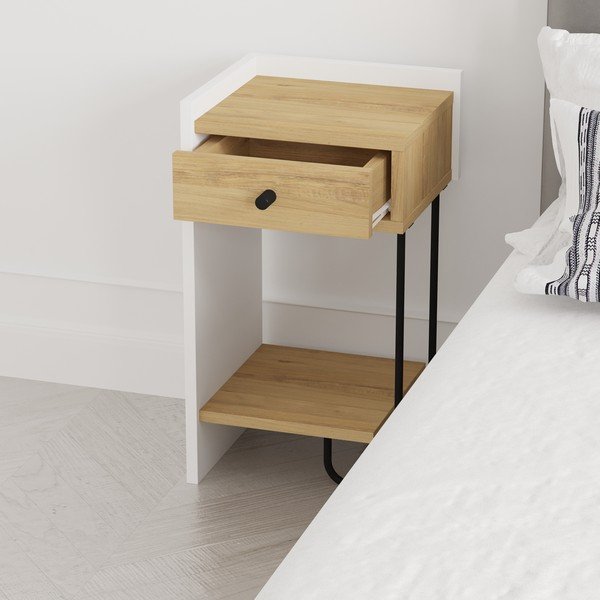 Fehér-natúr színű éjjeliszekrény tölgyfa dekorral Mercure – Marckeric-image-1