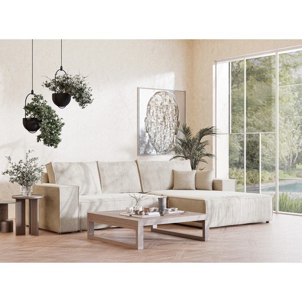 Krémszínű zsenília kinyitható-tárolóhelyes sarokkanapé (jobb oldali-heverő résszel) Maze – Maison de Rêve-image-1