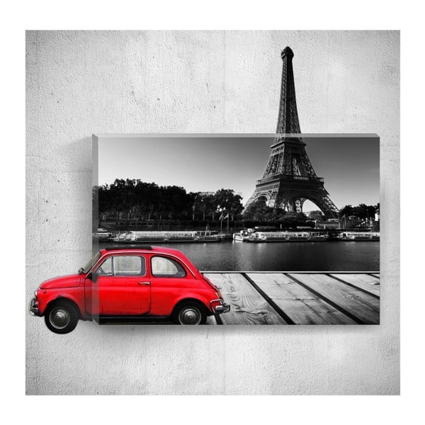 Red Car With Eiffel Tower 3D fali kép, 40 x 60 cm - Mosticx