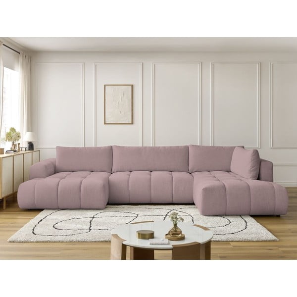 Rózsaszín kinyitható-tárolóhelyes sarokkanapé (jobb oldali-U alakú) Fuji – Bobochic Paris-image-1