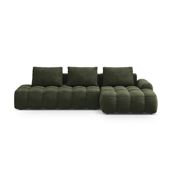 Zöld bársony kinyitható-tárolóhelyes sarokkanapé (jobb oldali-heverő résszel) Linz – Cosmopolitan Design