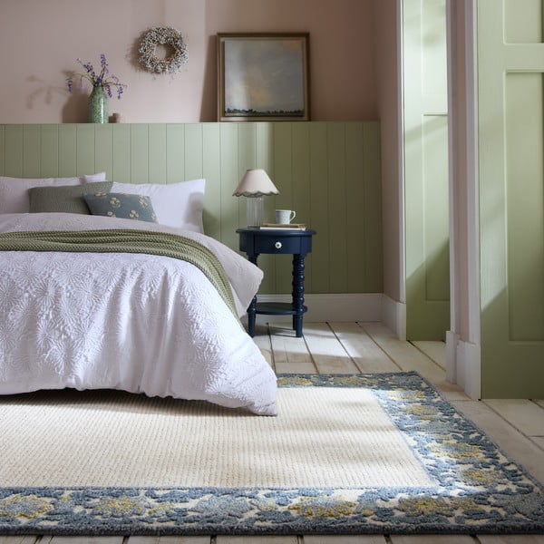 Kék-elefántcsont színű kézi szövésű gyapjúkeverék szőnyeg 200x290 cm Myla Floral Frame – Flair Rugs-image-1