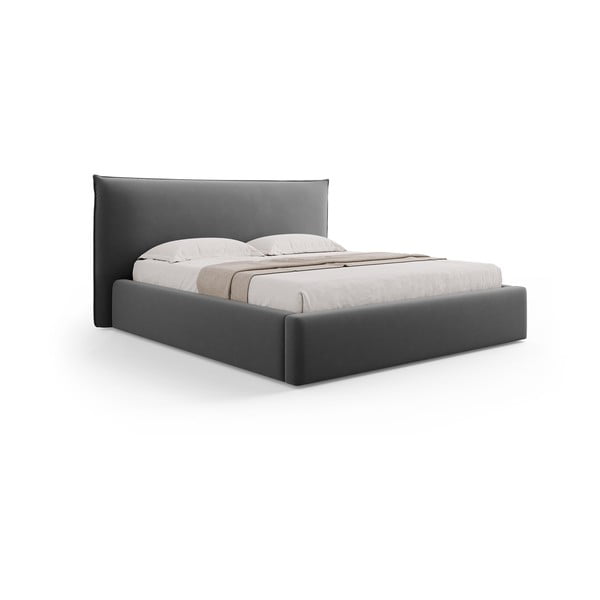 Sötétszürke kárpitozott ágyneműtartós franciaágy ágyráccsal 160x200 cm Elio – Milo Casa-image-4