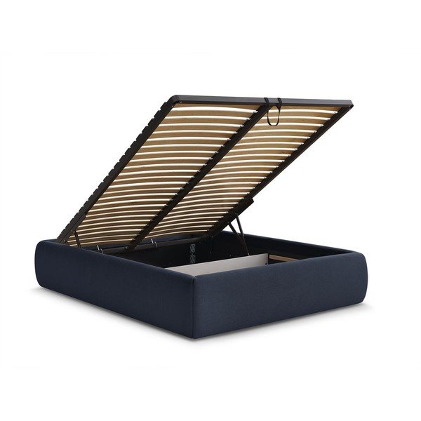 Sötétkék kárpitozott ágyneműtartós franciaágy ágyráccsal, ágytámla nélkül 160x200 cm Inera – Bobochic Paris-image-3