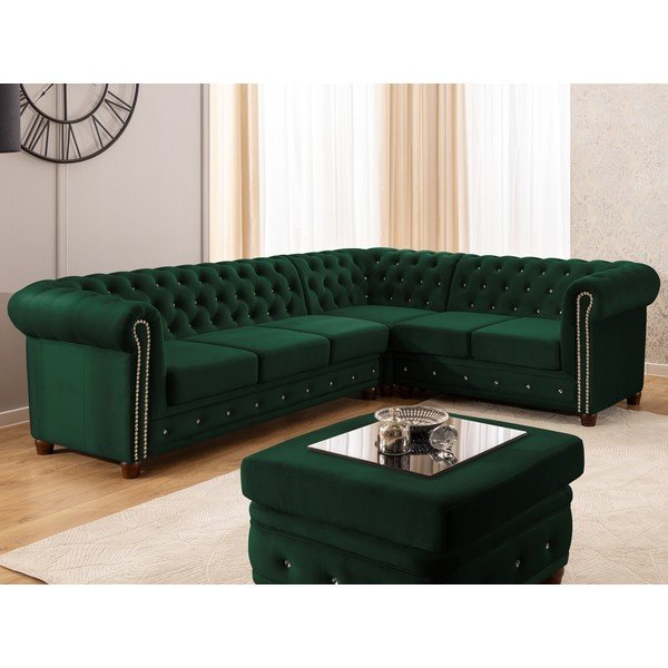 Zöld bársony kinyitható sarokkanapé (jobb oldali-L alakú) York Blik – Ropez-image-1