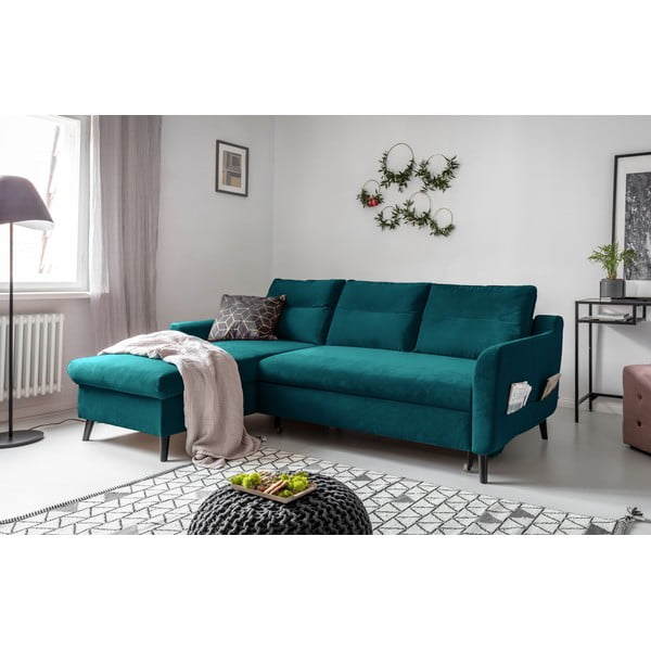 Stylish Stan türkiz kinyitható bársony sarokkanapé, bal oldali - Miuform-image-3