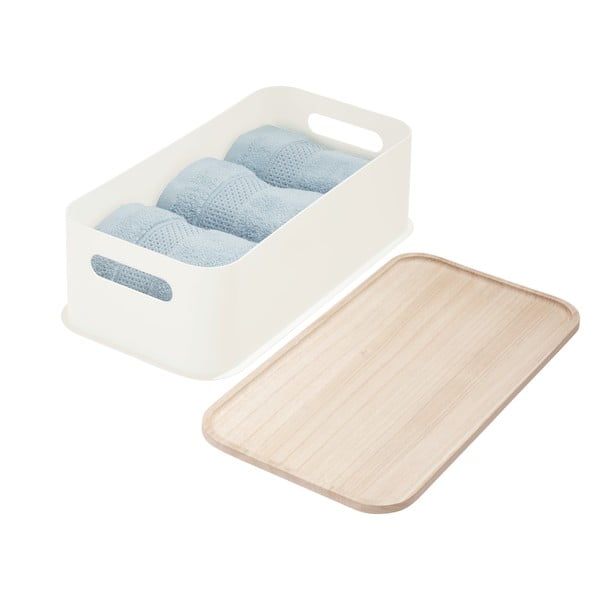Eco Handled fehér tárolódoboz paulownia fa fedéllel, 21,3 x 43 cm - iDesign-image-4