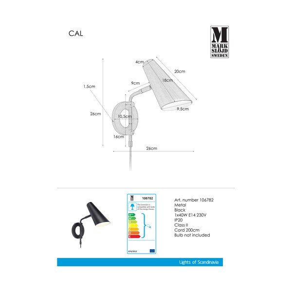 Fekete konnektorhoz csatlakoztatható fali lámpa ø 9,5 cm Cal – Markslöjd-image-2