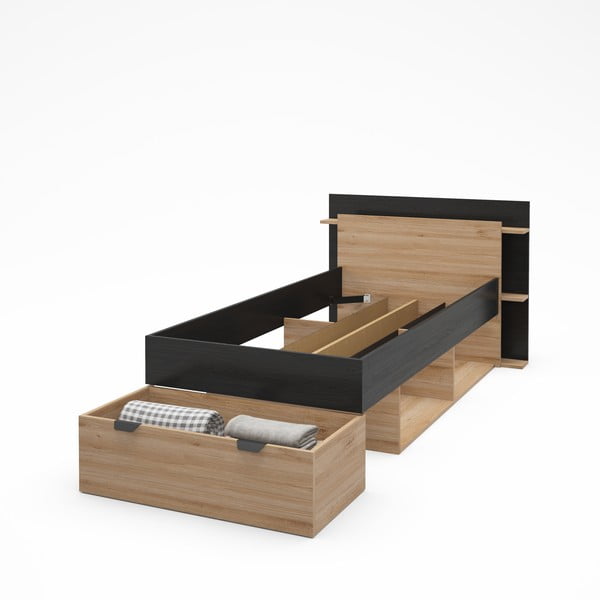 Fekete-natúr színű ágyneműtartós egyszemélyes ágy ágyrács nélkül, tölgyfa dekorral 90x200 cm Albo – Marckeric-image-4