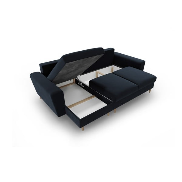 Sötétkék bársony kinyitható tárolóhelyes sarokkanapé Kyoto – Cosmopolitan Design-image-3
