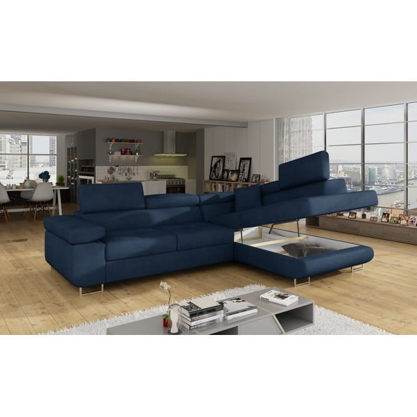 Kék bársony kinyitható-tárolóhelyes sarokkanapé (jobb oldali-L alakú) Anton – ELTAP-image-4