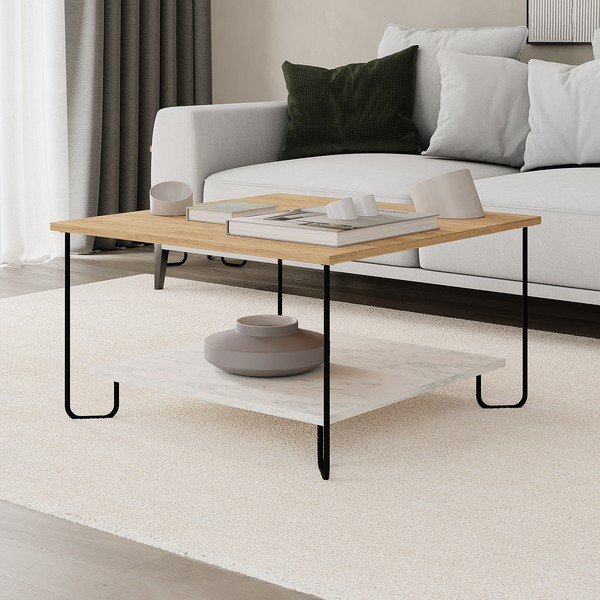 Fehér-natúr színű dohányzóasztal tölgyfa dekoros asztallappal 80x80 cm Tonka – Marckeric-image-3