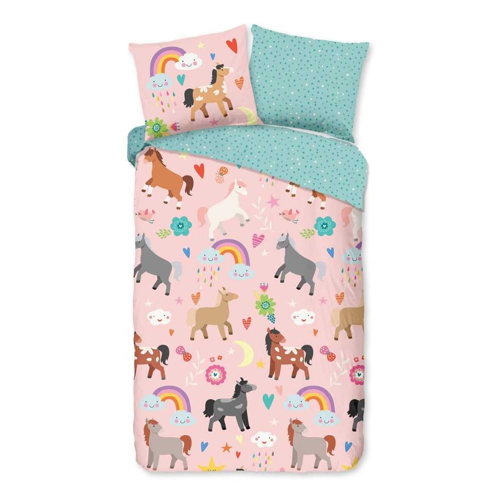 Rózsaszín-türkiz egyszemélyes-hosszabbított pamut gyerek ágyneműhuzat 140x220 cm Horses – Good Morning