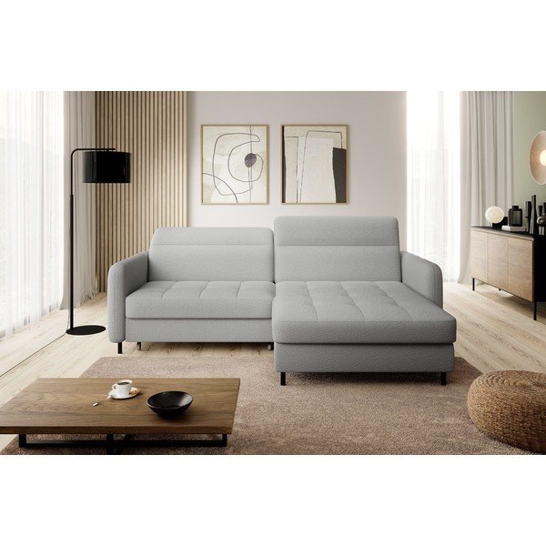 Szürke buklé kinyitható-tárolóhelyes sarokkanapé (jobb oldali-heverő résszel) Gomsi – ELTAP-image-1