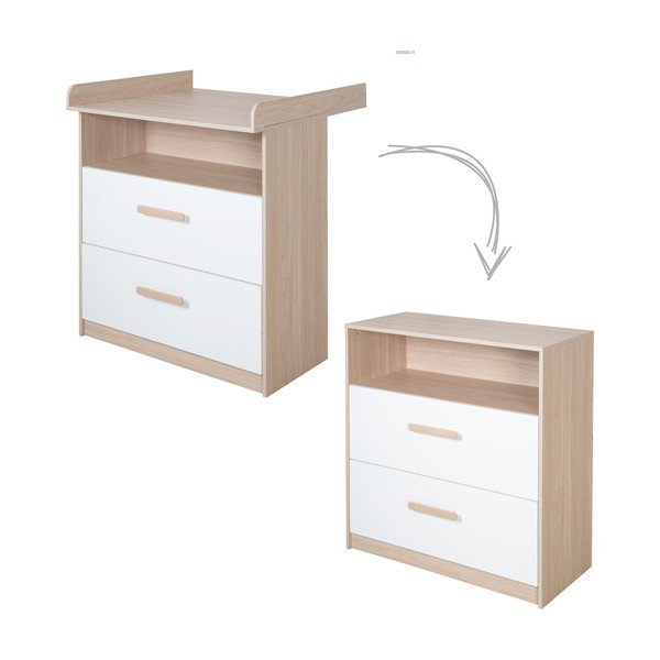 Fehér-natúr színű gyerek komód pelenkázó feltéttel, tölgyfa dekorral 88x98x75 cm Cabane – Roba-image-2