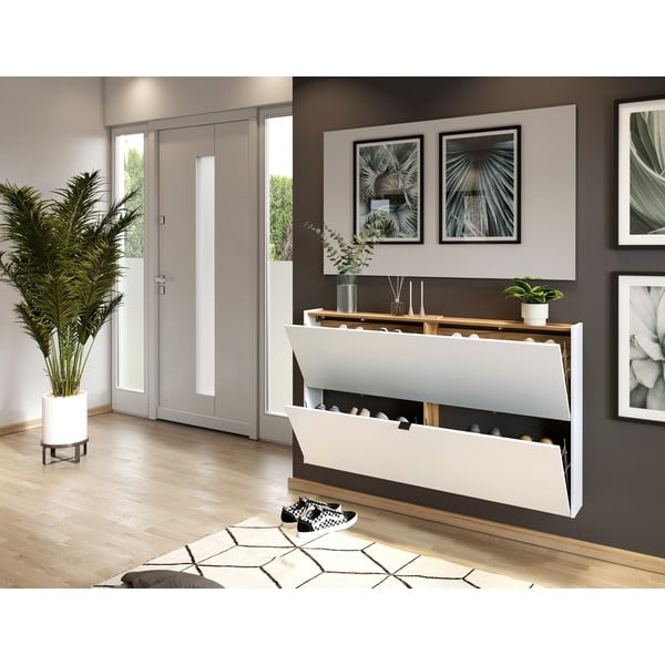 Fehér billenő ajtós függő cipőtartó tölgyfa dekorral 140x83x18 cm Ameca – Germania-image-1