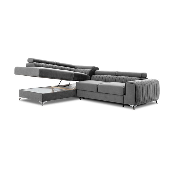 Szürke bársony kinyitható-tárolóhelyes sarokkanapé (bal oldali-L alakú) Laurence – ELTAP-image-2