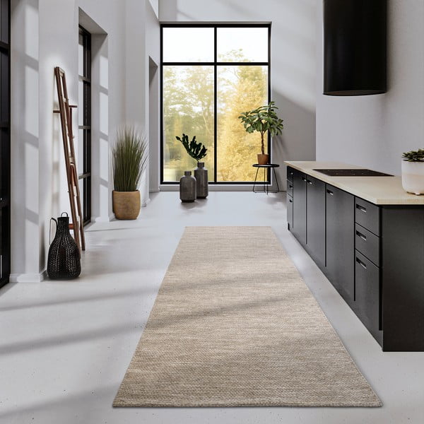 Bézs kézi szövésű gyapjúkeverék futószőnyeg 80x200 cm Pradesh Linen White – Elle Decoration-image-1