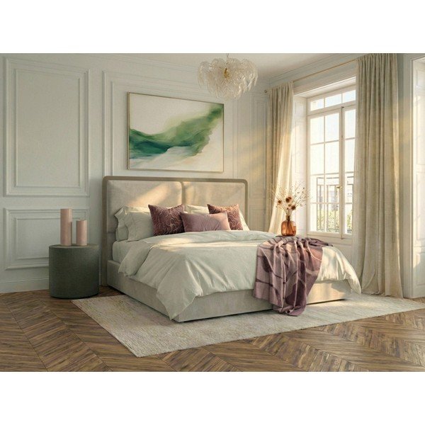 Bézs-szürkésbarna kárpitozott ágyneműtartós franciaágy ágyráccsal 180x200 cm Mara – Bobochic Paris-image-1