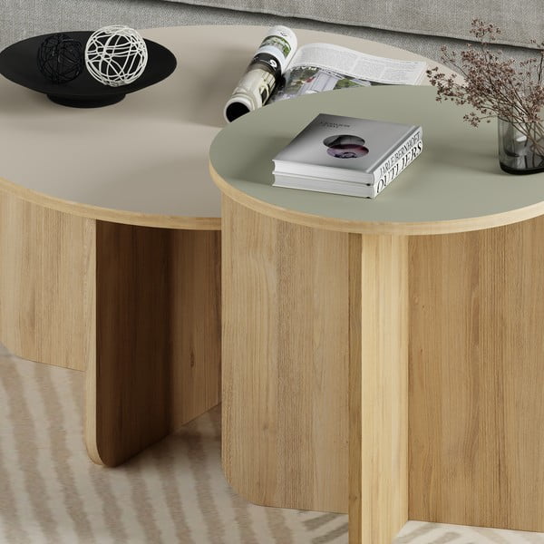 Krémszínű-natúr színű kerek dohányzóasztal szett 2 db-os tölgyfa dekorral ø 70 cm Hillary – Marckeric-image-3