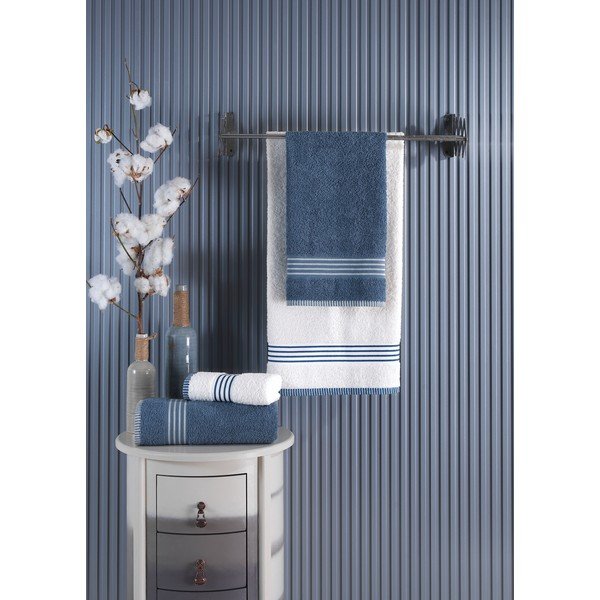 Fehér-kék pamut törölköző és fürdőlepedő készlet 4 db-os – Mila Home-image-2