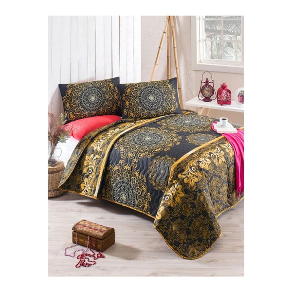 Sehri Ala Gold pamutkeverék ágytakaró és párnahuzat szett, 160 x 220 cm