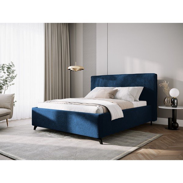 Sötétkék kárpitozott franciaágy tárolóhellyel, ágyráccsal 160x200 cm Malou – Milo Casa-image-1