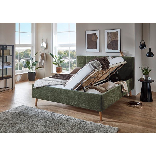 Khaki kárpitozott ágyneműtartós franciaágy ágyráccsal 180x200 cm Nova – Meise Möbel-image-1